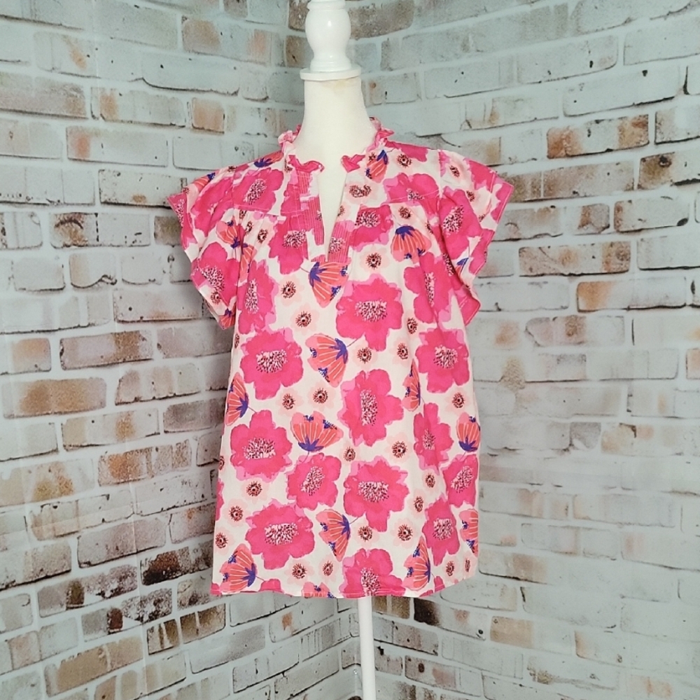 Lovelyn First Love Pink Floral V Neck Women's Tunic Top M Ruffled